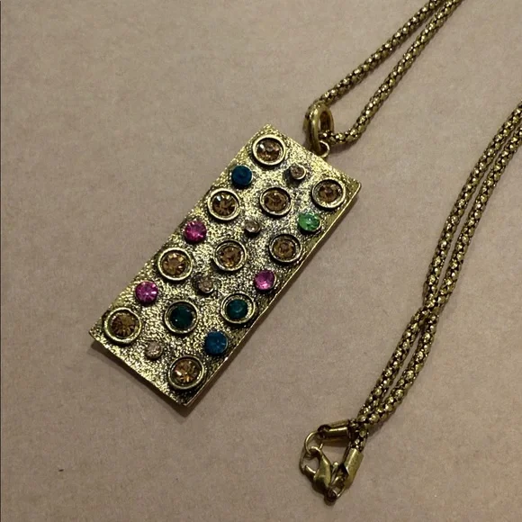 Fabulous Goldtone Rectangular Pendant Necklace with Multicolor Colorful Stones - Picture 2 of 6